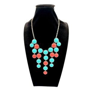Bib Necklace With Baby Blue and Orange Acrylic Cabochon Beads Silver Tone